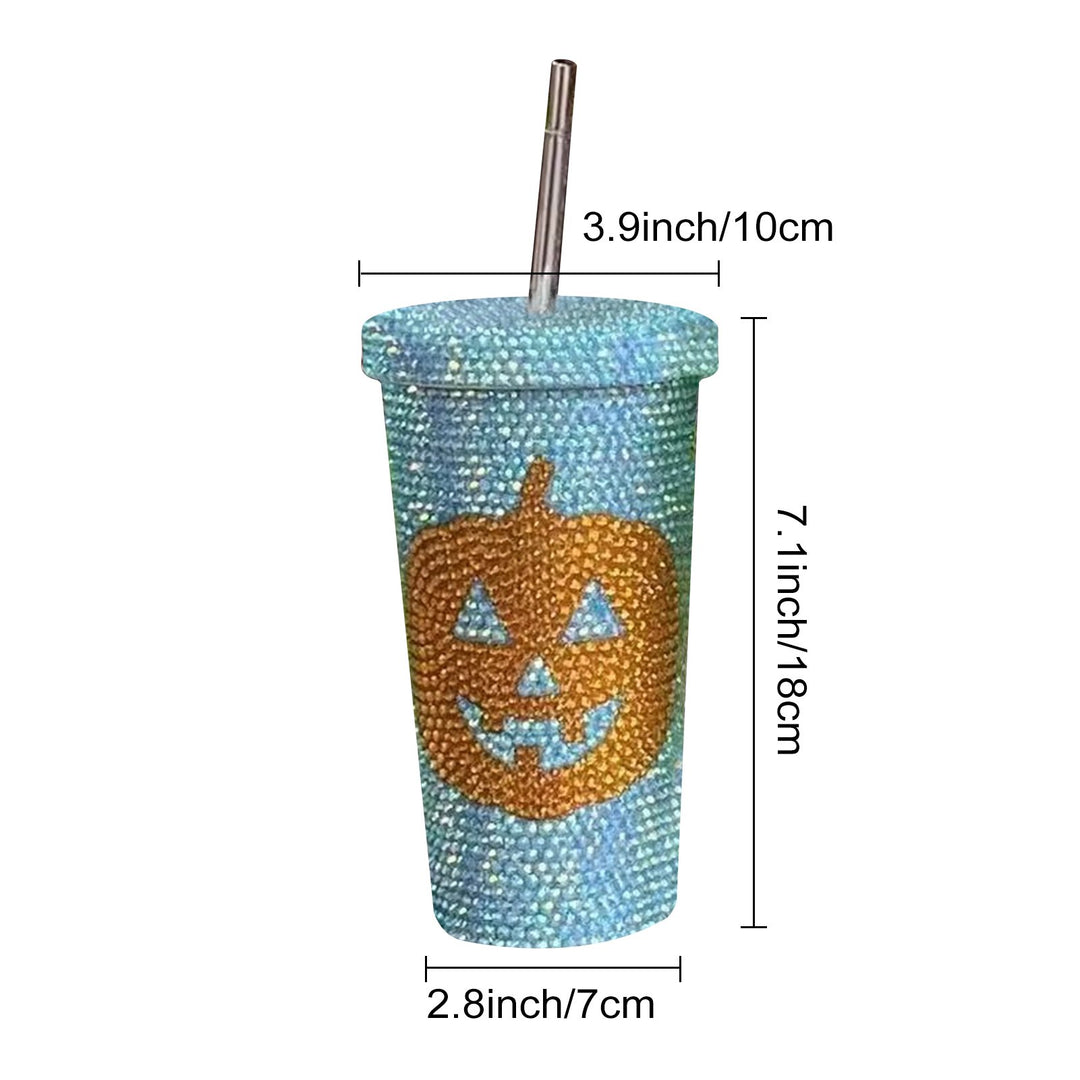 Halloween Vacuum Cup 500ml Bling Rhinestone Stainless Steel Insulated Tumbler with Lid And Straw Pumpkin Head Design Hot Image 10