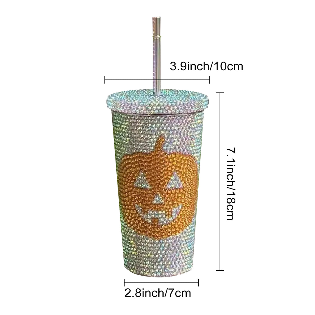 Halloween Vacuum Cup 500ml Bling Rhinestone Stainless Steel Insulated Tumbler with Lid And Straw Pumpkin Head Design Hot Image 11