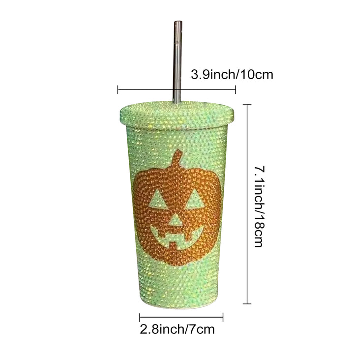 Halloween Vacuum Cup 500ml Bling Rhinestone Stainless Steel Insulated Tumbler with Lid And Straw Pumpkin Head Design Hot Image 12