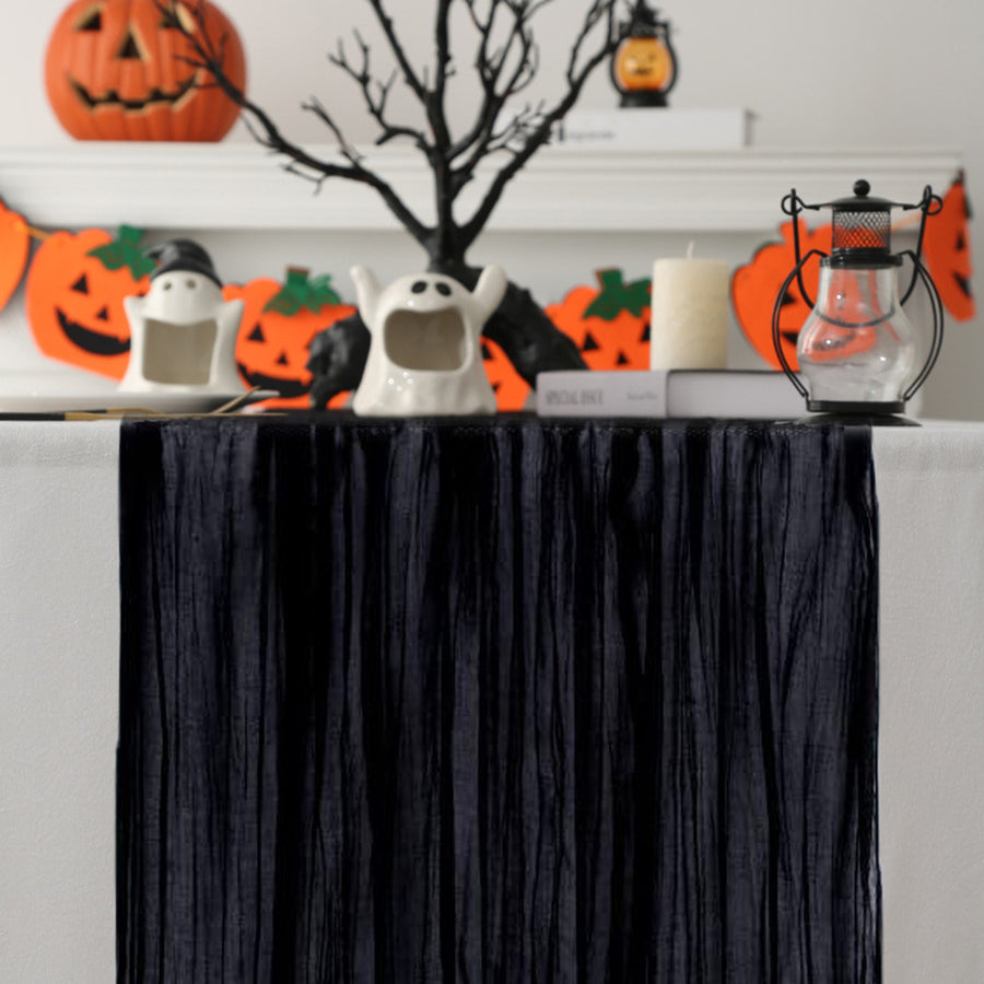 Wedding Party Table Runner Gauze Halloween Style Pleated Pure Black Stain-Proof Reusable Table Protection Decor Prom Image 1