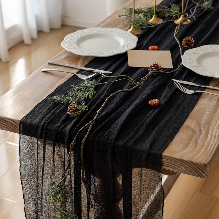 Wedding Party Table Runner Gauze Halloween Style Pleated Pure Black Stain-Proof Reusable Table Protection Decor Prom Image 3