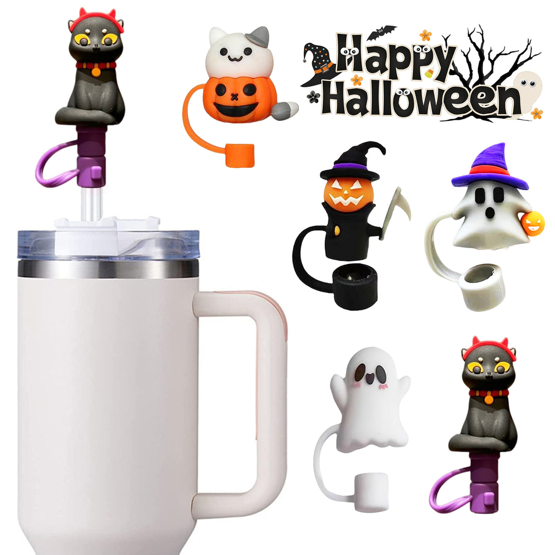 5Pcs Halloween Straw Hat Silicone Lid Cute Ghost Design Food-Grade Non-Slip Reusable Easy to Use Carry Perfect Cup Image 1