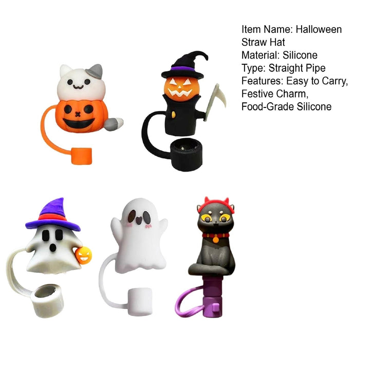 5Pcs Halloween Straw Hat Silicone Lid Cute Ghost Design Food-Grade Non-Slip Reusable Easy to Use Carry Perfect Cup Image 12