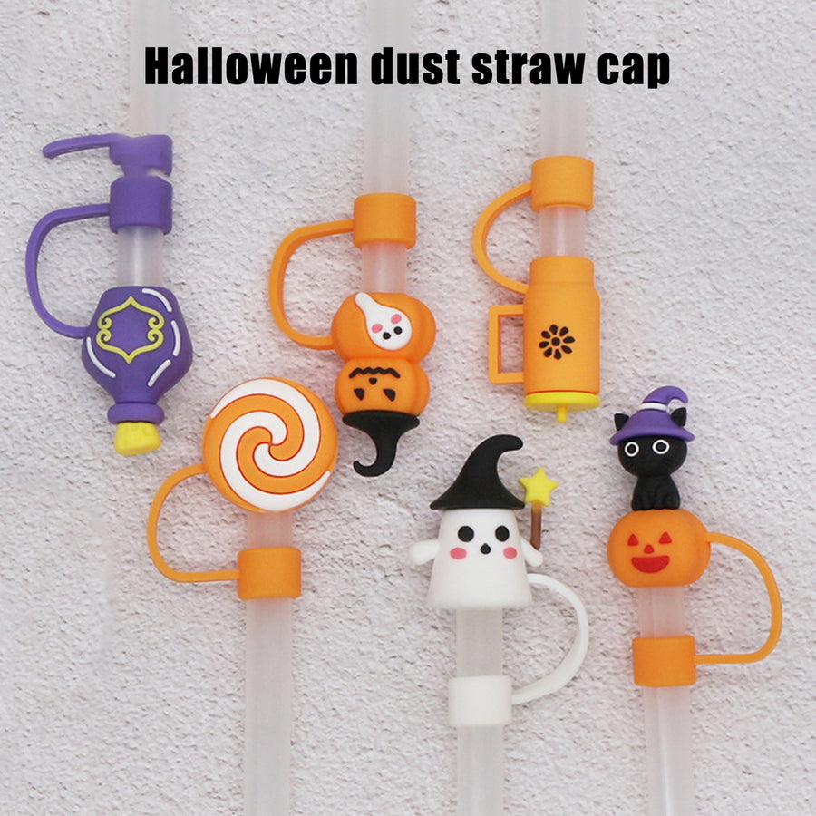 6Pcs Ghost Silicone Straw Cap 10mm Tips Lids Reusable Dust-Proof Pumpkins Topper Set for Cup Party Decor Halloween Theme Image 1