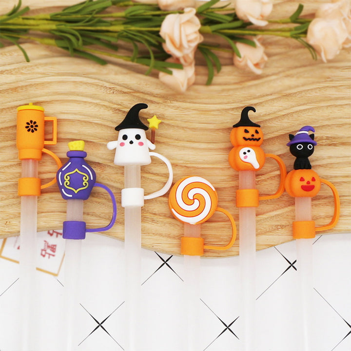 6Pcs Ghost Silicone Straw Cap 10mm Tips Lids Reusable Dust-Proof Pumpkins Topper Set for Cup Party Decor Halloween Theme Image 2