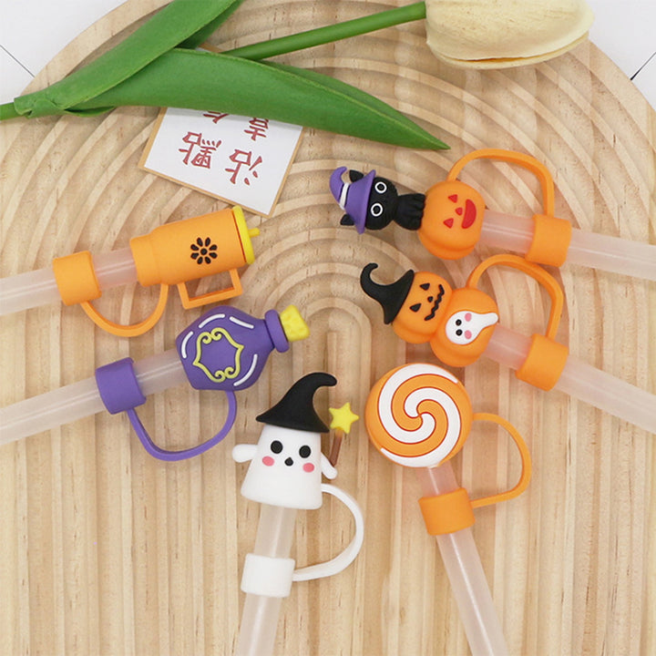 6Pcs Ghost Silicone Straw Cap 10mm Tips Lids Reusable Dust-Proof Pumpkins Topper Set for Cup Party Decor Halloween Theme Image 3