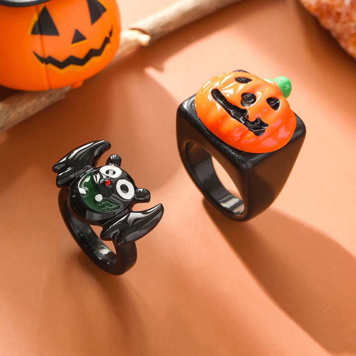 2 Pcs Unisex Halloween Ring Hip Hop Style Bat Pumpkin Smooth Dark Style Finger Ring Halloween Party Hand Decoration Image 1