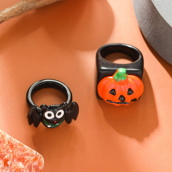 2 Pcs Unisex Halloween Ring Hip Hop Style Bat Pumpkin Smooth Dark Style Finger Ring Halloween Party Hand Decoration Image 2