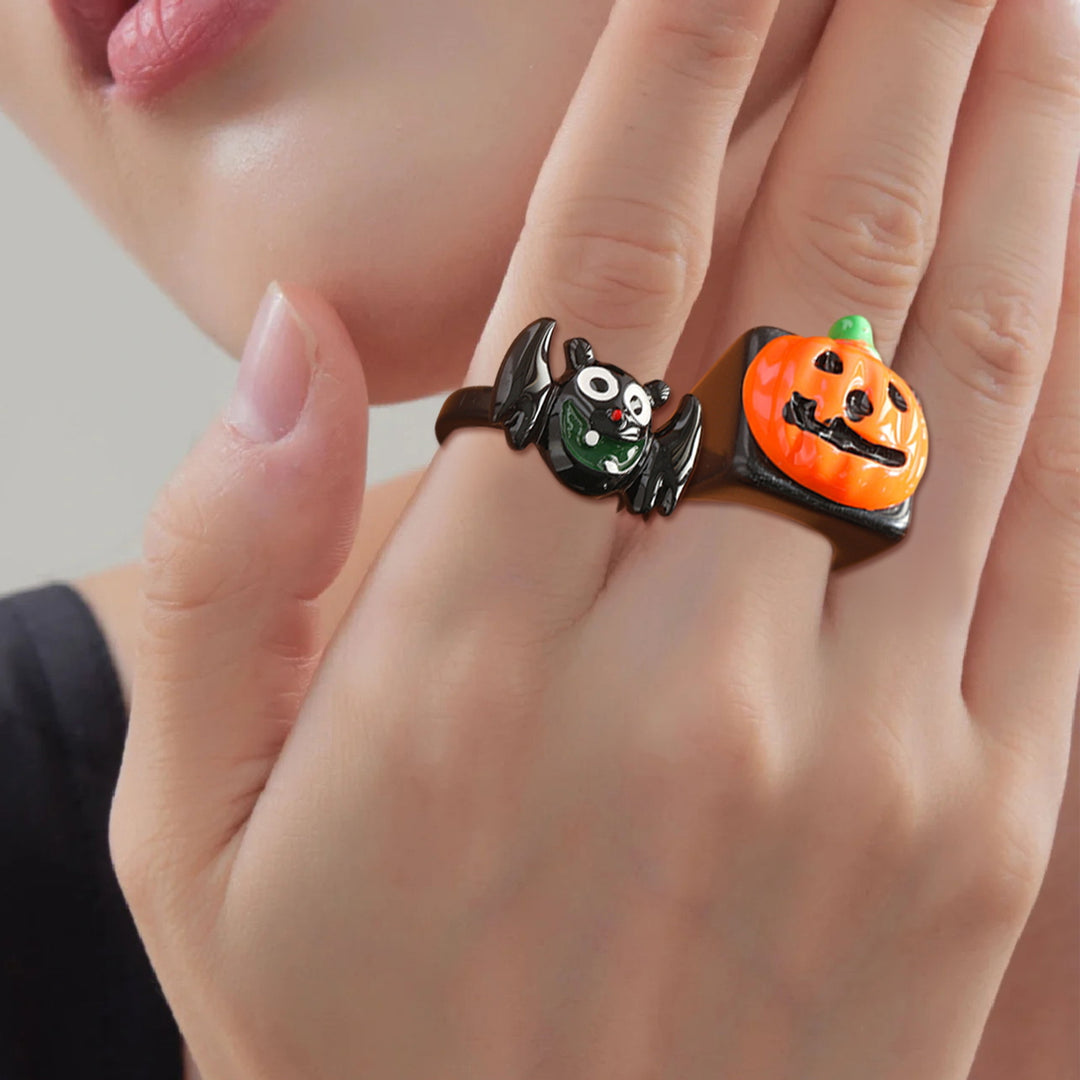 2 Pcs Unisex Halloween Ring Hip Hop Style Bat Pumpkin Smooth Dark Style Finger Ring Halloween Party Hand Decoration Image 4