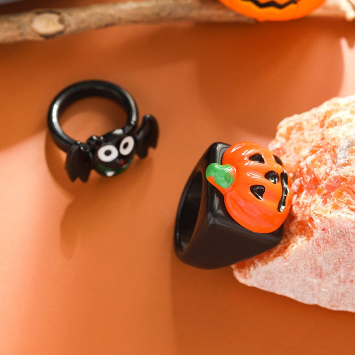 2 Pcs Unisex Halloween Ring Hip Hop Style Bat Pumpkin Smooth Dark Style Finger Ring Halloween Party Hand Decoration Image 7