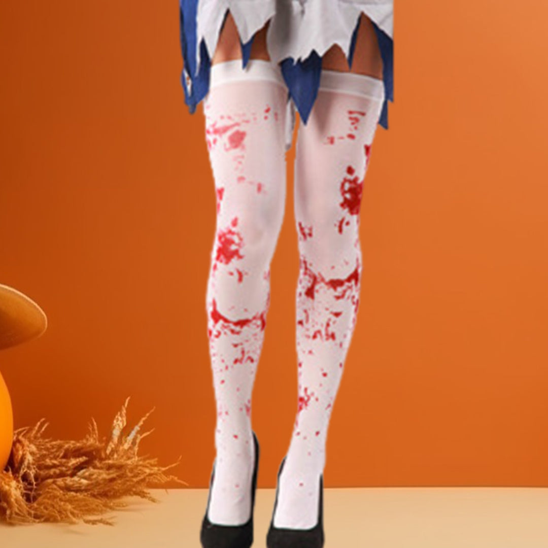 1 Pair Halloween Socks Nurse Cosplay Horror Thriller Style Elastic Anti-slip Thigh Length Zombie Blood Stains Image 4