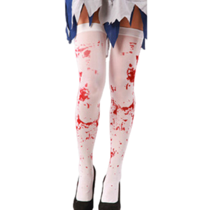 1 Pair Halloween Socks Nurse Cosplay Horror Thriller Style Elastic Anti-slip Thigh Length Zombie Blood Stains Image 4