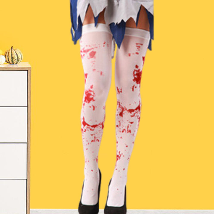 1 Pair Halloween Socks Nurse Cosplay Horror Thriller Style Elastic Anti-slip Thigh Length Zombie Blood Stains Image 7