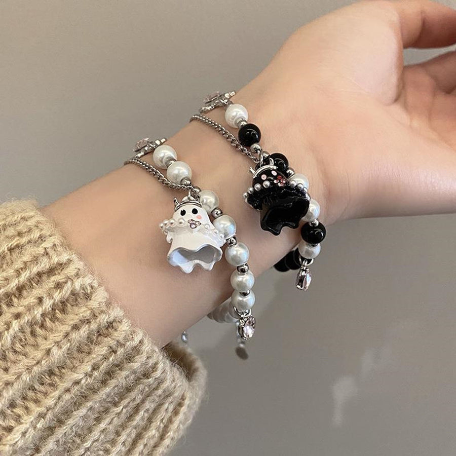 Women Bracelet Cartoon Ghost Pendant Imitation Pearls Color Matching Adjustable with Extended Chain Halloween Gift Wrist Image 1