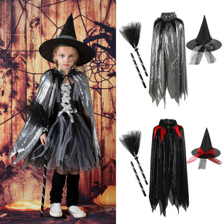 Halloween Cape Witch Broom Witch Hat Easy to Wear Girls Childrens Cloak Costume Cosplay Accessories Image 1