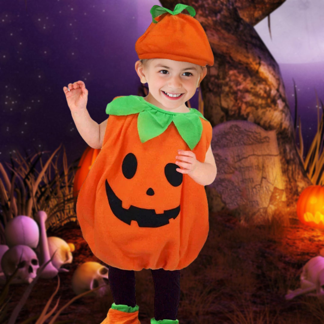 1 Set Halloween Kids Costume Unisex Cosplay Pumpkin Shape Hat Shoe Covers And Jumpsuit Halloween Party Photo Prop Image 1