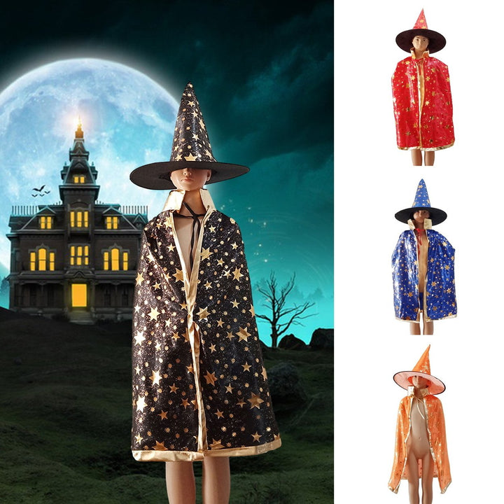 1 Set Halloween Witch Cloak Hat Stand Collar Golden Star Cosplay Stage Performance Masquerade Costume Party Wizard Cape Image 1