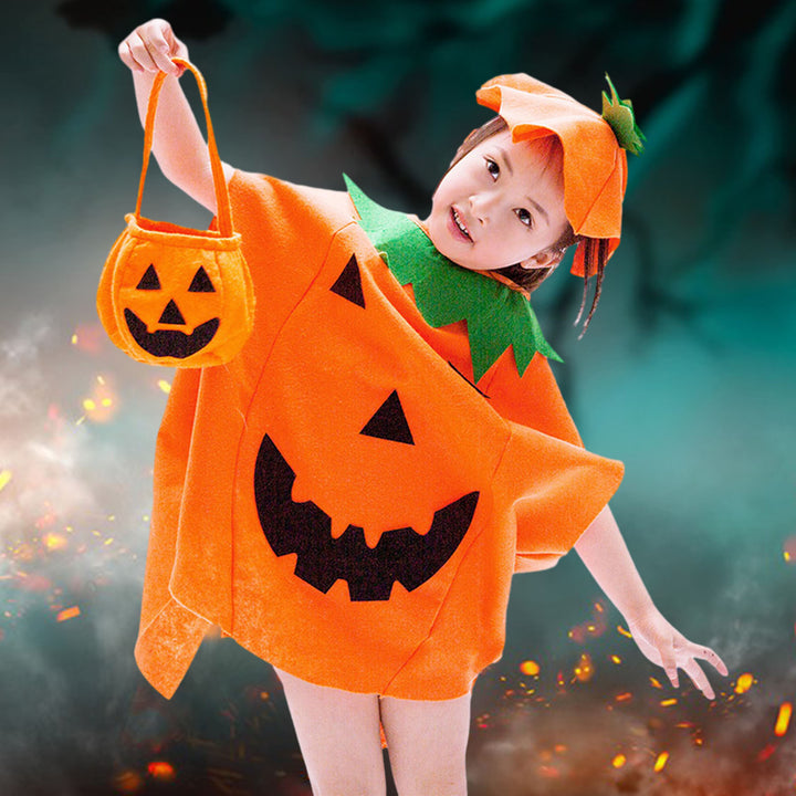 Halloween Pumpkin Costume Kids Halloween Party Cosplay Clothes Cape Hat Candy Bag Unsiex Children Photo Prop Performance Image 4