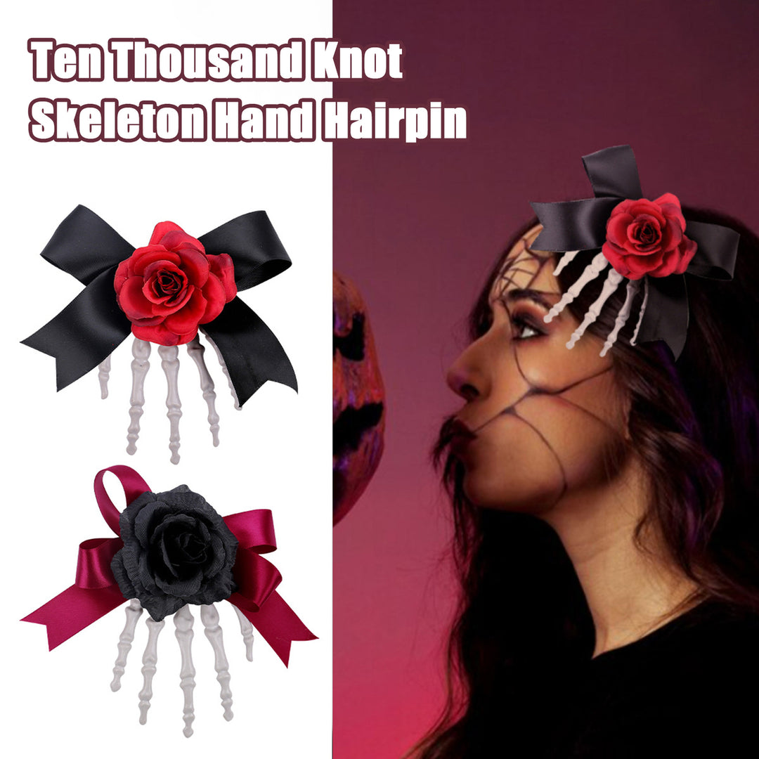 Halloween Hair Pin Skeleton Hand Frame Artificial Rose Flower Bow Decoration Hair Clip Dark Horror Style Hairpin Image 1