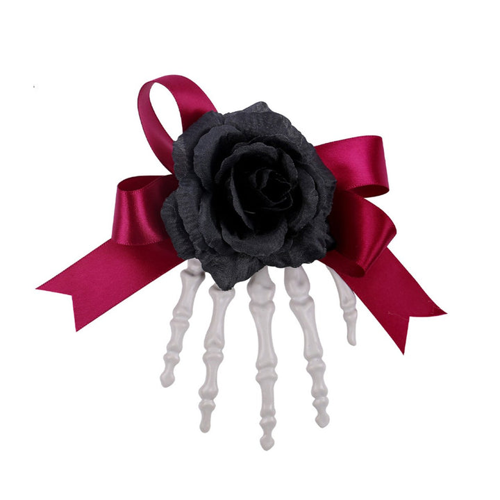 Halloween Hair Pin Skeleton Hand Frame Artificial Rose Flower Bow Decoration Hair Clip Dark Horror Style Hairpin Image 2