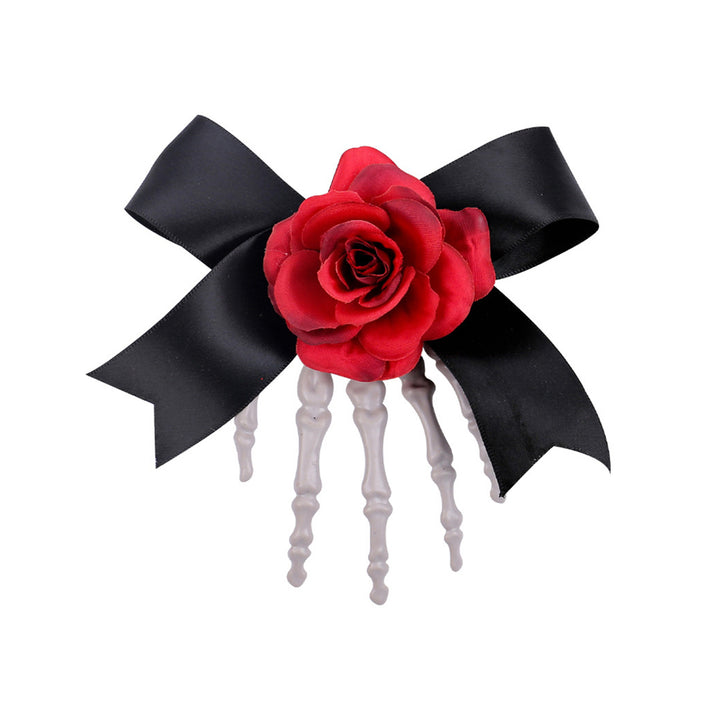 Halloween Hair Pin Skeleton Hand Frame Artificial Rose Flower Bow Decoration Hair Clip Dark Horror Style Hairpin Image 3