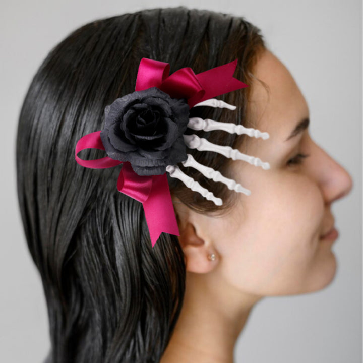 Halloween Hair Pin Skeleton Hand Frame Artificial Rose Flower Bow Decoration Hair Clip Dark Horror Style Hairpin Image 4