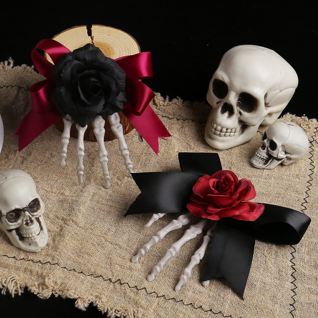 Halloween Hair Pin Skeleton Hand Frame Artificial Rose Flower Bow Decoration Hair Clip Dark Horror Style Hairpin Image 4