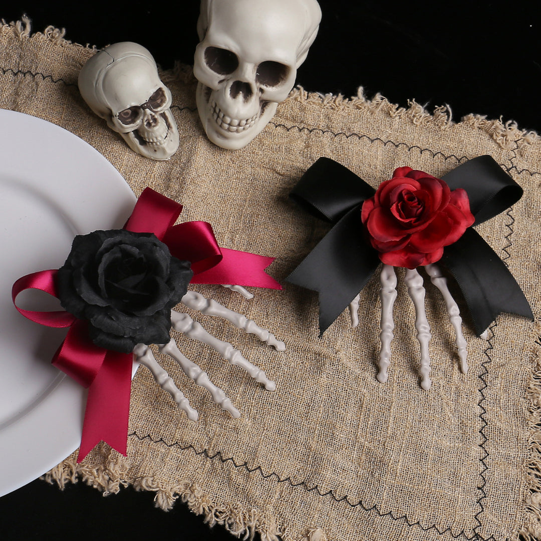 Halloween Hair Pin Skeleton Hand Frame Artificial Rose Flower Bow Decoration Hair Clip Dark Horror Style Hairpin Image 6