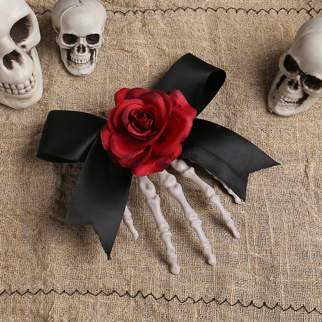 Halloween Hair Pin Skeleton Hand Frame Artificial Rose Flower Bow Decoration Hair Clip Dark Horror Style Hairpin Image 9