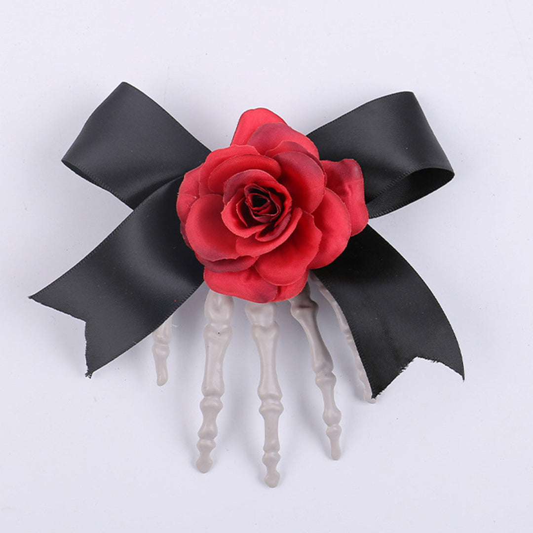 Halloween Hair Pin Skeleton Hand Frame Artificial Rose Flower Bow Decoration Hair Clip Dark Horror Style Hairpin Image 12