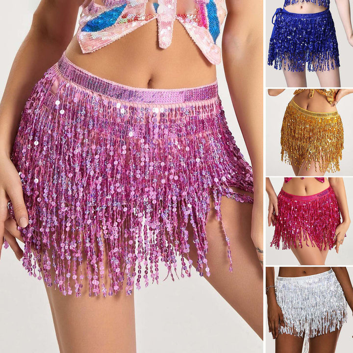 Women Belly Dance Skirt Chain Tassel Sequin 3-layer Lace-up Bohemian Clubwear Performance Latin Dance Practice Short Image 1