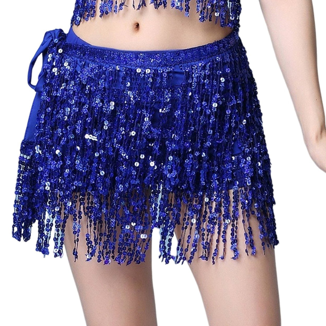 Women Belly Dance Skirt Chain Tassel Sequin 3-layer Lace-up Bohemian Clubwear Performance Latin Dance Practice Short Image 4