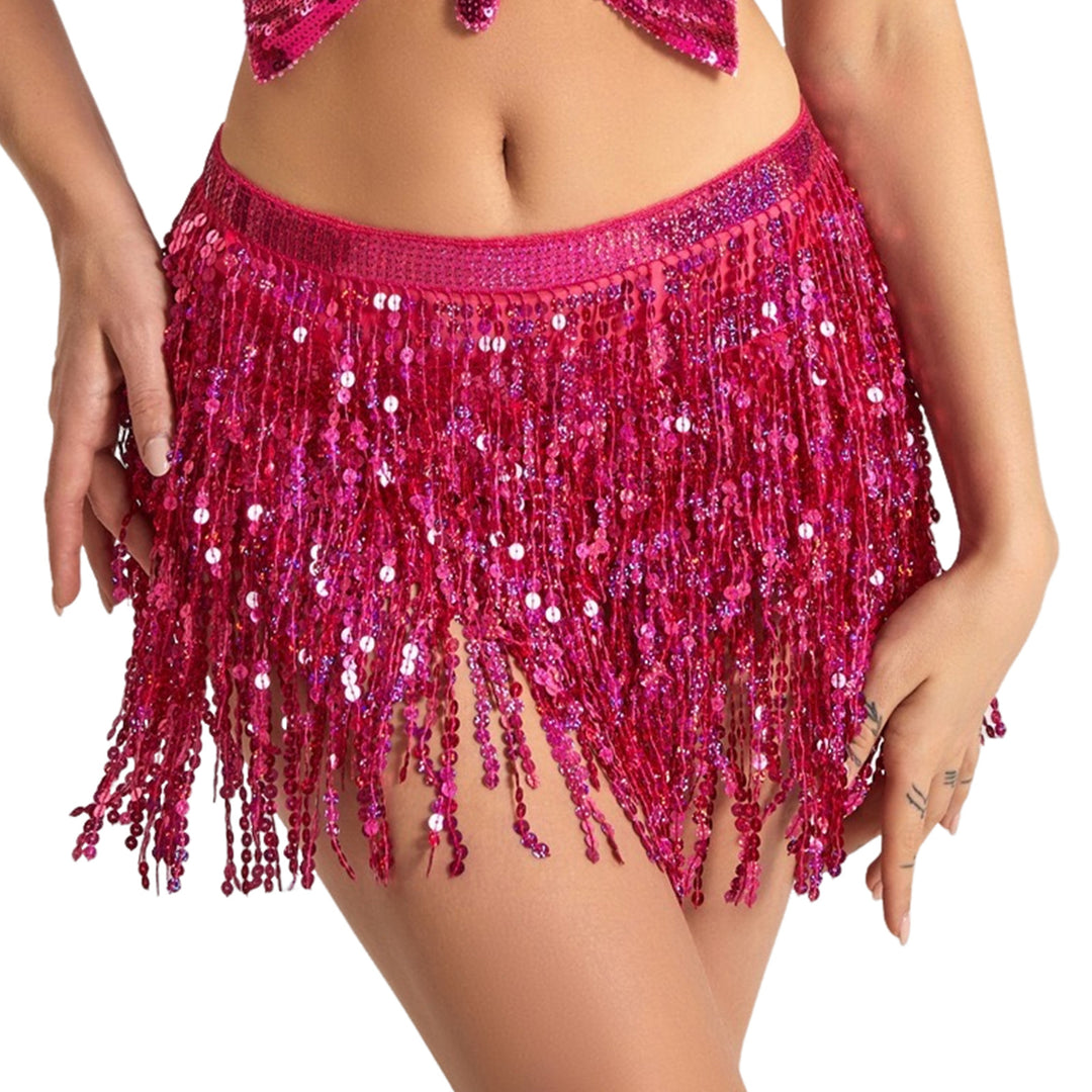 Women Belly Dance Skirt Chain Tassel Sequin 3-layer Lace-up Bohemian Clubwear Performance Latin Dance Practice Short Image 4