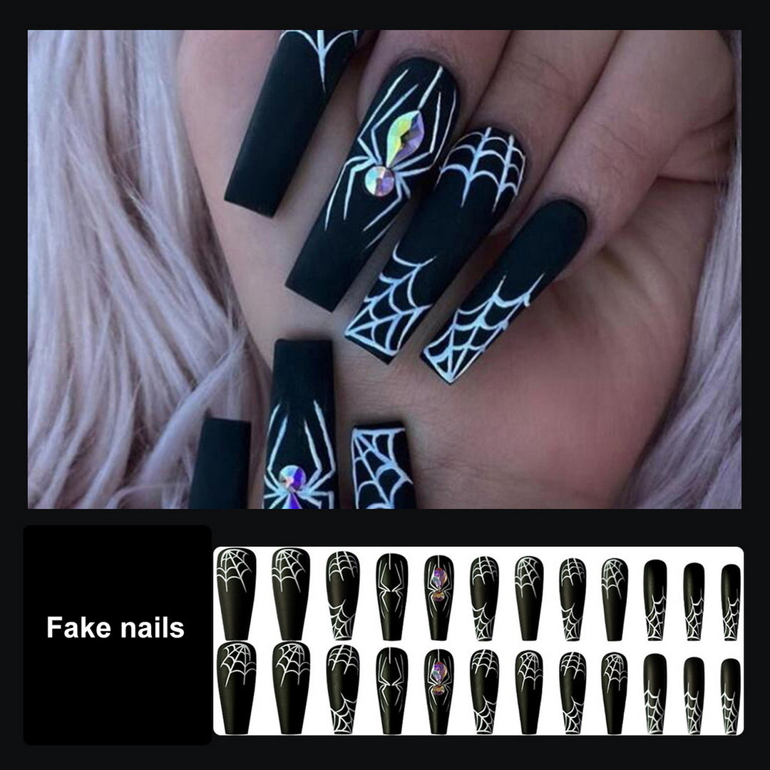 Halloween Spider Web Fake Nails with Glue Gothic Black Long Nail Extension Full Cover Home Salon Women Girls Acrylic Image 1