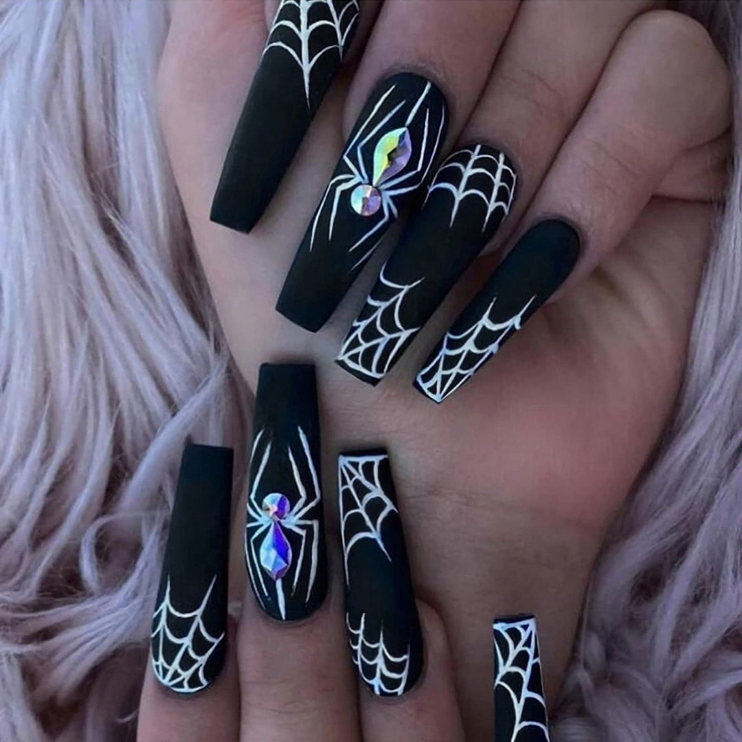 Halloween Spider Web Fake Nails with Glue Gothic Black Long Nail Extension Full Cover Home Salon Women Girls Acrylic Image 2