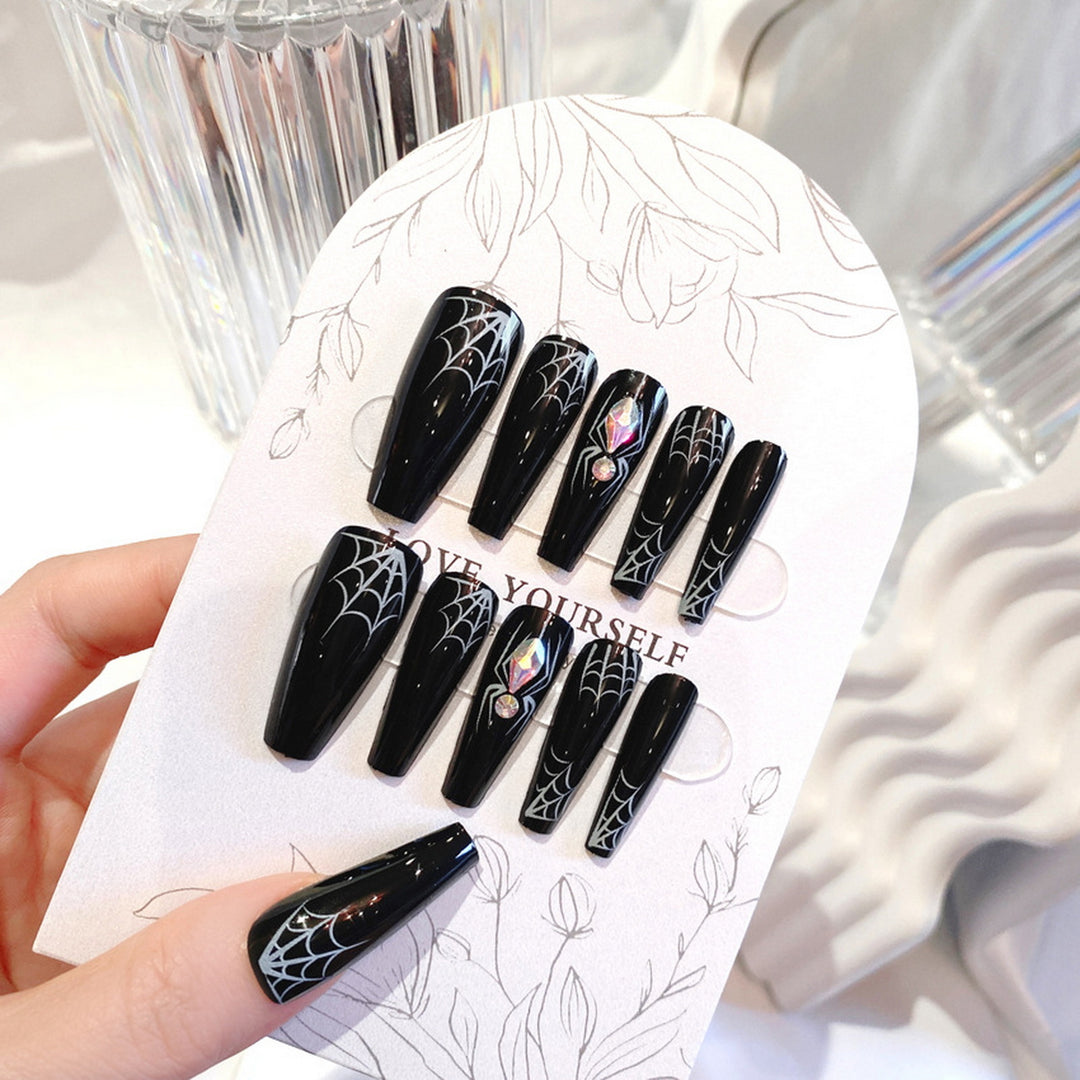 Halloween Spider Web Fake Nails with Glue Gothic Black Long Nail Extension Full Cover Home Salon Women Girls Acrylic Image 4