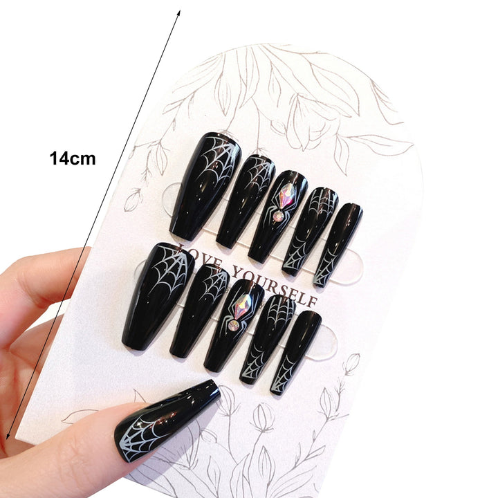 Halloween Spider Web Fake Nails with Glue Gothic Black Long Nail Extension Full Cover Home Salon Women Girls Acrylic Image 6