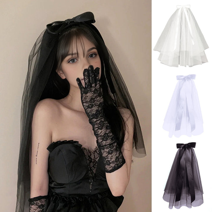 Halloween Veil Double-Layered Ribbon Bow Decoration Soft Mesh Veil Wedding Halloween Cosplay Photography Accessories Image 2