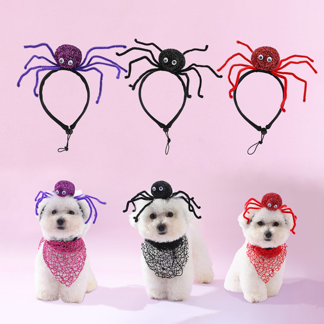 Dog Halloween Hairband Scarf Set Festive Spider Hair Decoration Collar Set Cosplay Costume Pet Accessories for Parties Image 1