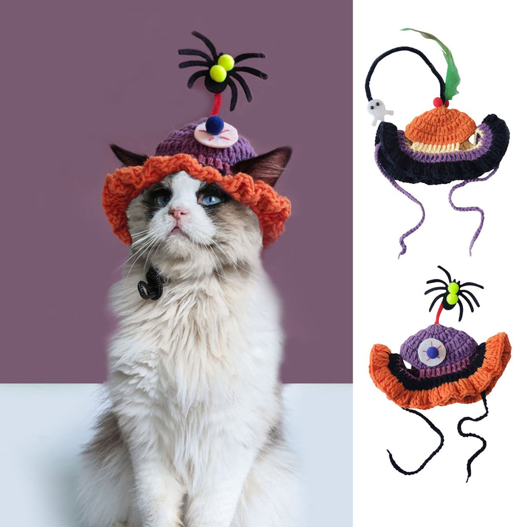 Hand-Knitted Cat Hat Elastic Lace-Up Spider Ghost Cat Accessories Pet Party Dress-up Headwear for Kittens Puppies Image 1