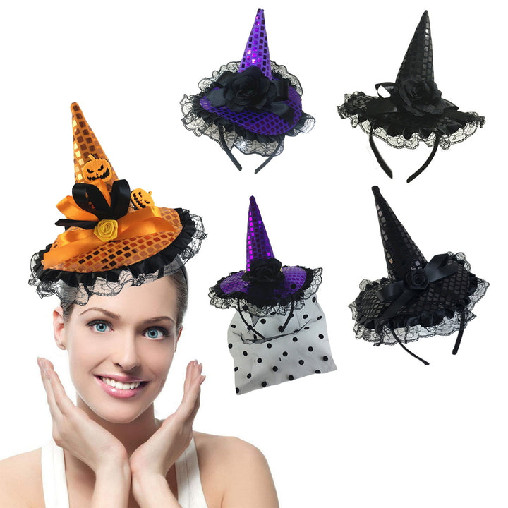 Girls Halloween Headband Lace Witch Hat Hair Hoop Masquerade Cosplay Party Props Funny Halloween Costume Hair Image 2