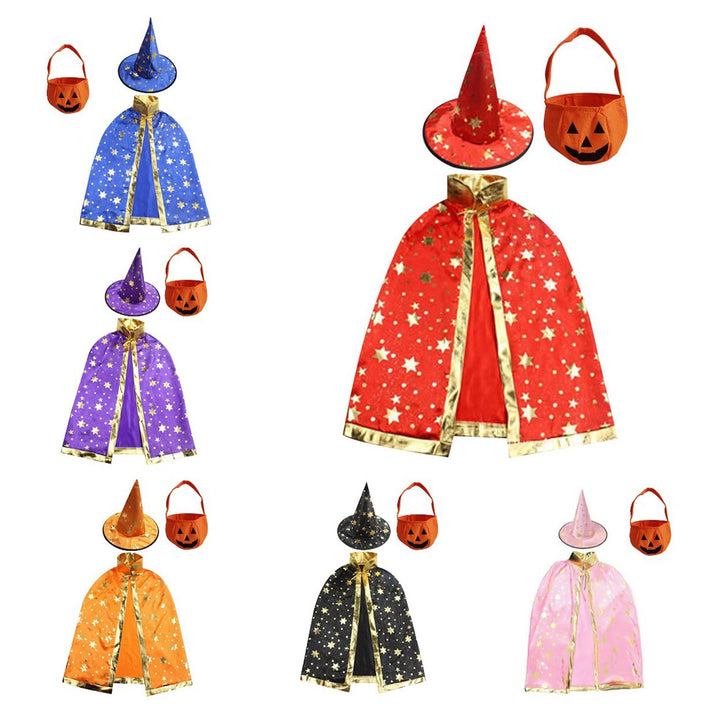 Adjustable Halloween Cape Pentagram Printing with Wizard Hat Hand Bag Comfortable Breathable Costume Image 1