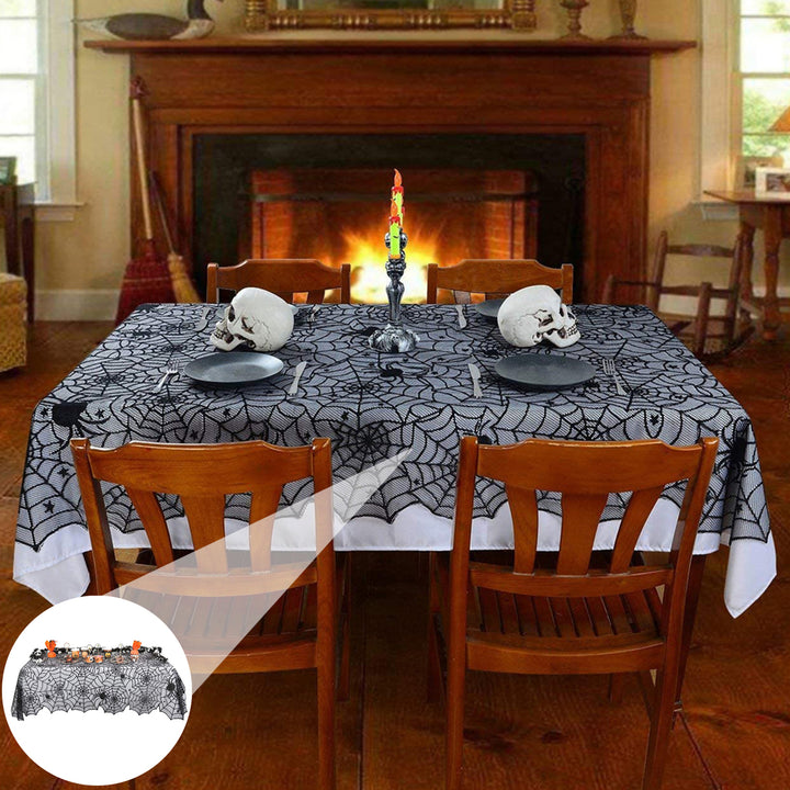 Halloween Lace Spider Web Tablecloth Realistic Skull Design for Scary Atmosphere Perfect Party Decoration Image 1