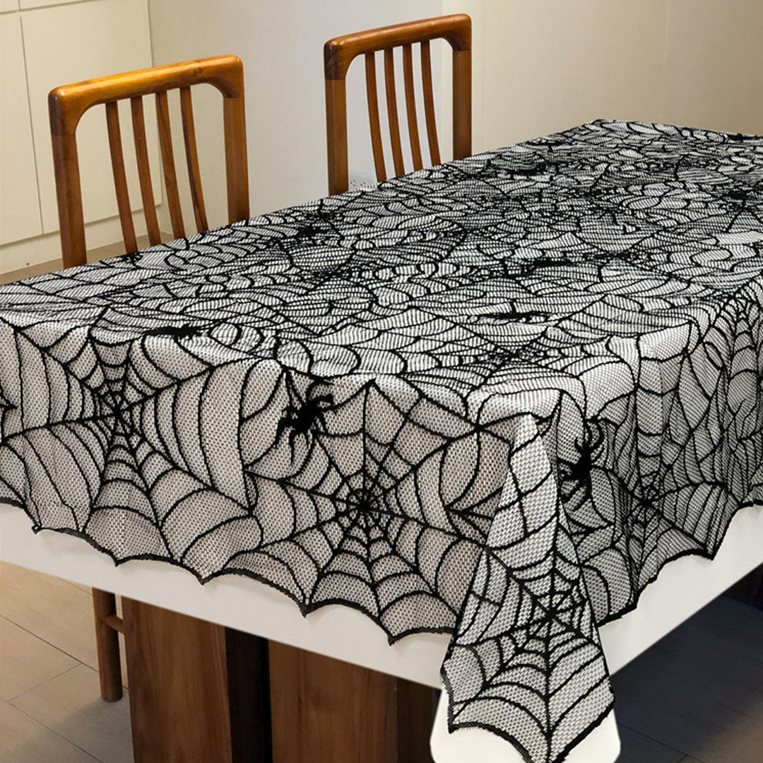 Halloween Lace Spider Web Tablecloth Realistic Skull Design for Scary Atmosphere Perfect Party Decoration Image 3