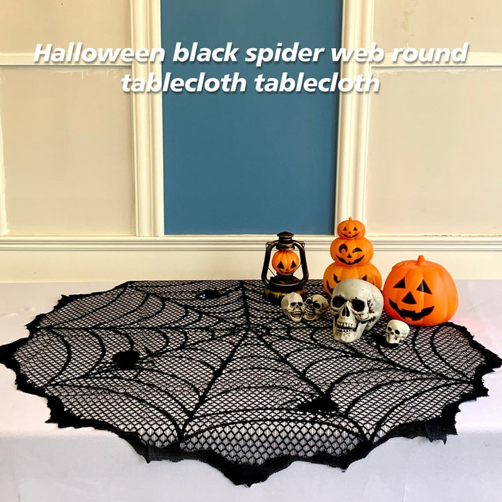 Halloween Spider Web Tablecloth Lace Design Realistic Create Scary Atmosphere Round Tablecloth Home Decoration Image 1