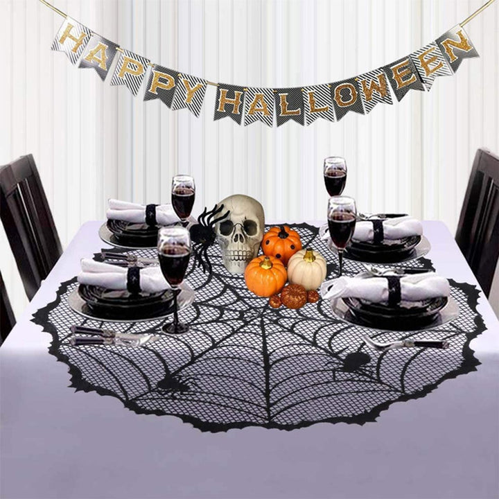 Halloween Spider Web Tablecloth Lace Design Realistic Create Scary Atmosphere Round Tablecloth Home Decoration Image 2