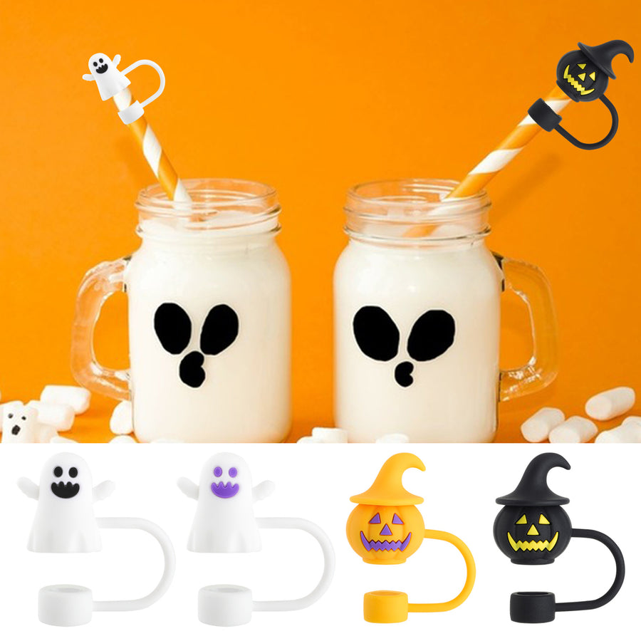 4Pcs Silicone Straw Covers Ghost Pumpkin Straw Cap Toppers Reusable Straws Tip Lids for Tumblers Halloween Mug Image 1