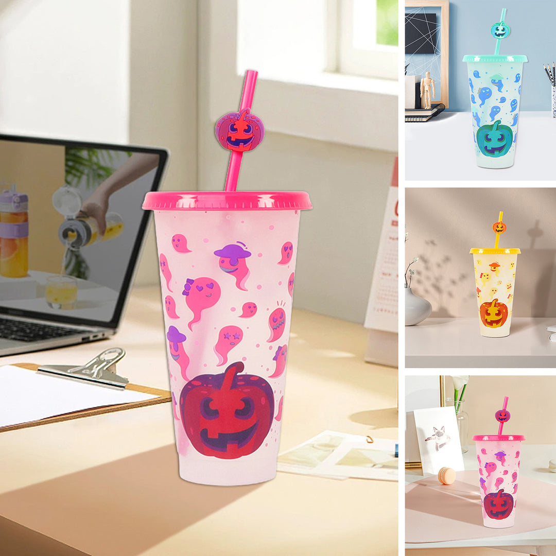 710ML Water Cup with Straws Food-Grade Leak-Proof Lid Magic Color Changing Drop-Resistant Drinking Mug Halloween Gift Image 1