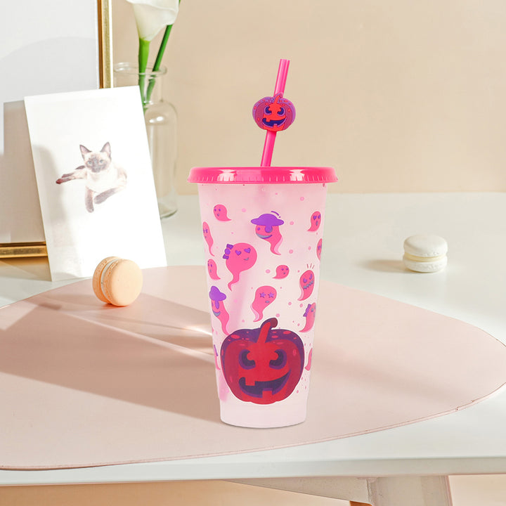 710ML Water Cup with Straws Food-Grade Leak-Proof Lid Magic Color Changing Drop-Resistant Drinking Mug Halloween Gift Image 7