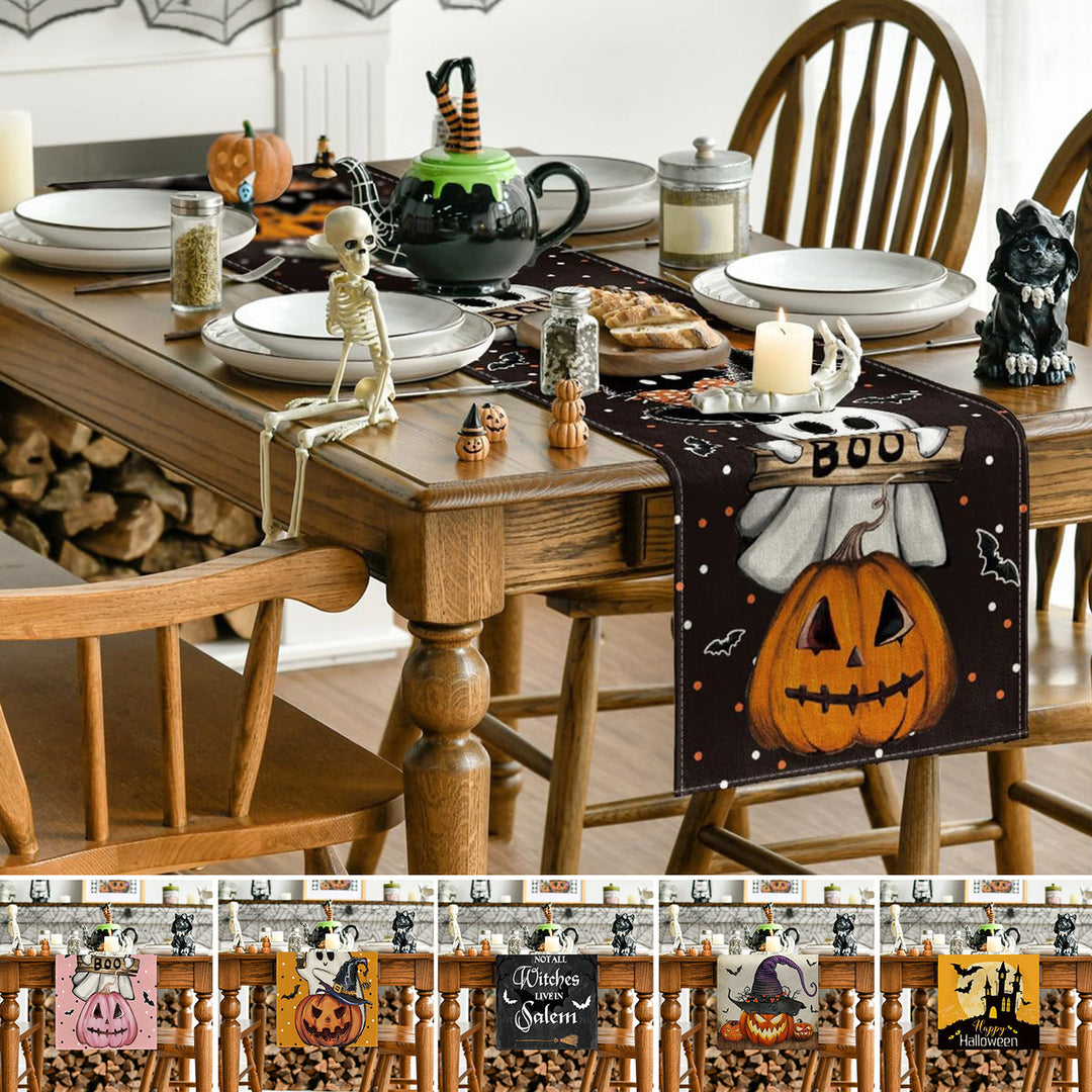 Halloween Table Runner Spider Web Pumpkin Cartoon Ghost Print Rectangle Easy Care Table Protection Banquets Party Image 1